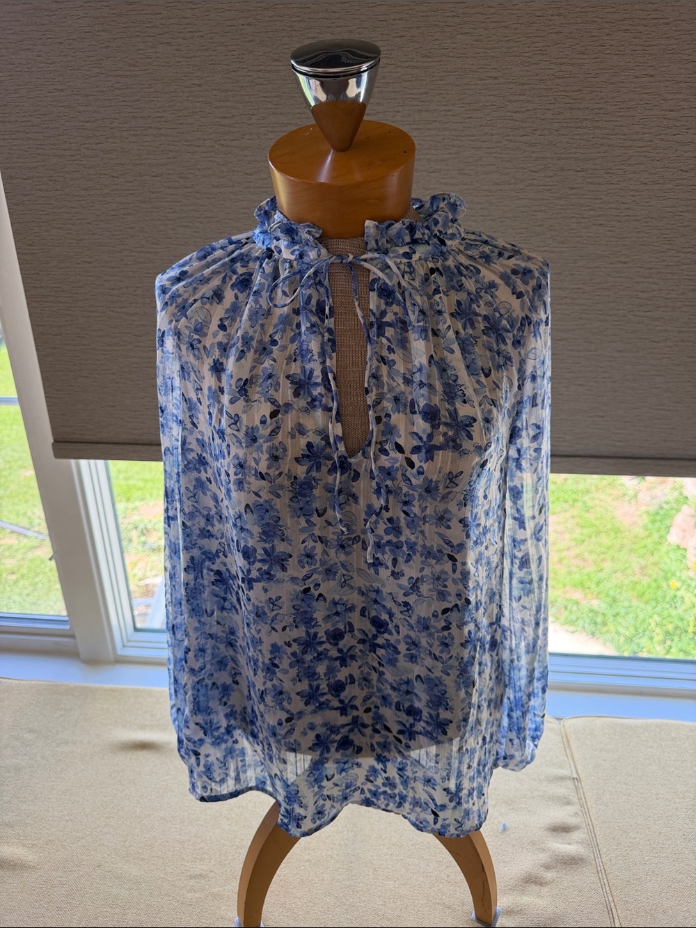 H&M White and Blue Sheer Floral Tie-Neck Blouse